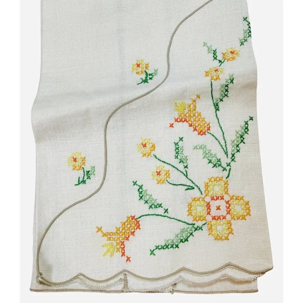 Vintage Embroidered Yellow Orange Flower Linen Tea Towels Set 2 Floral 19 x 12